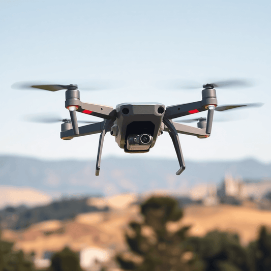 A sleek, modern drone with visible high-resolution camera and thermal sensors flies over a scenic landscape of trees and buildings under clear skies.