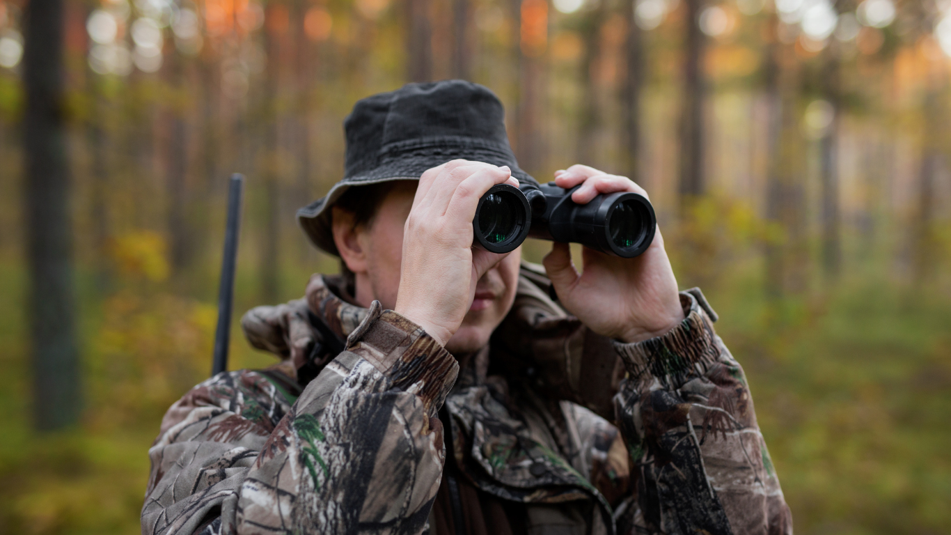 Hunter holding binoculars in the outdoor